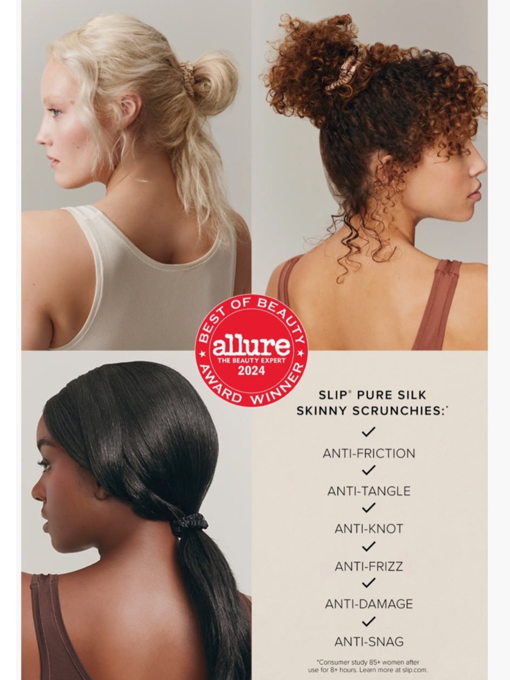 Slip Pure Silk 3-Pack Skinny Scrunchies - Black, Rose Gold Leopard and White - Picture 3 of 16